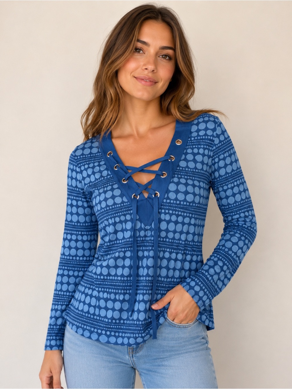 NWT Saks Fifth Avenue Signature Lace Up Long Sleeve Top L